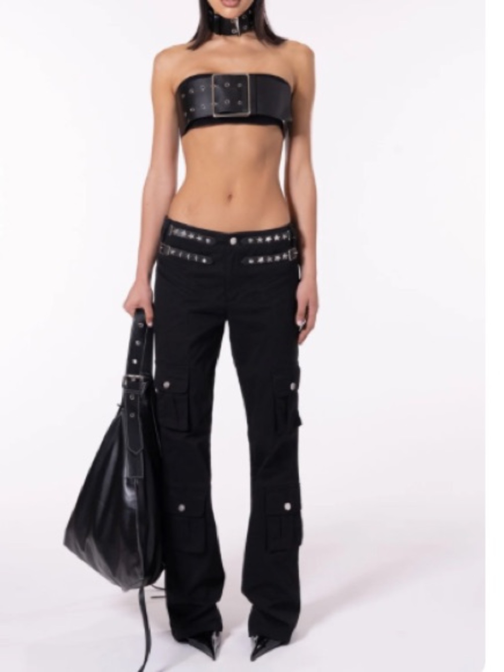 Studded Black Wide-Leg Cargo Pants